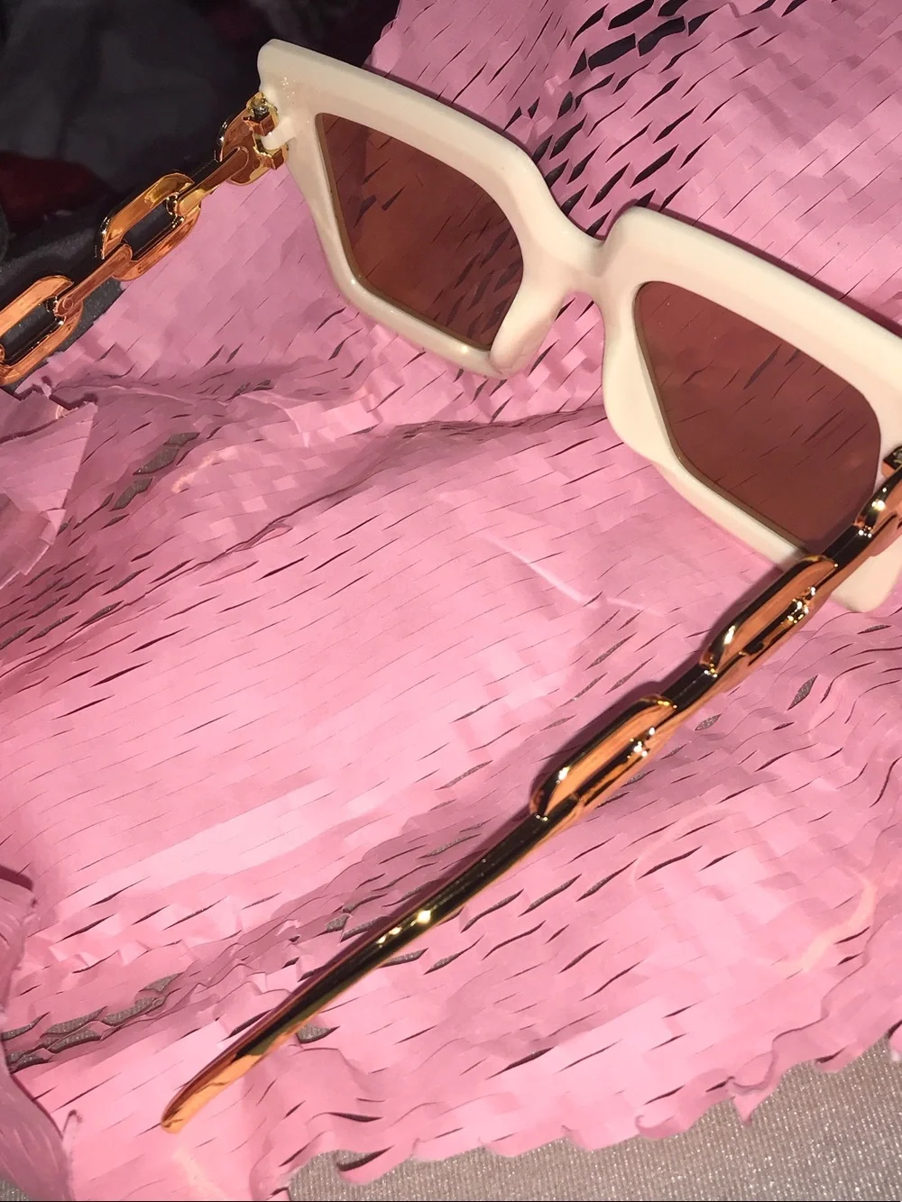 Ivory Square Frame Sunglasses with Brown Lenses & chain detailing